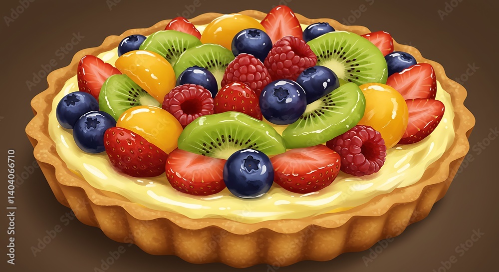 A colorful fruit tart with a buttery crust, filled with smooth cream and topped with fresh berries, kiwi, and a glossy glaze A colorful fruit tart with a buttery crust, filled with smooth cream and topped with fresh berries, kiwi, and a glossy glaze