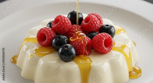 A smooth vanilla panna cotta topped with a mix of fresh berries like raspberries and blackberries, drizzled with honey