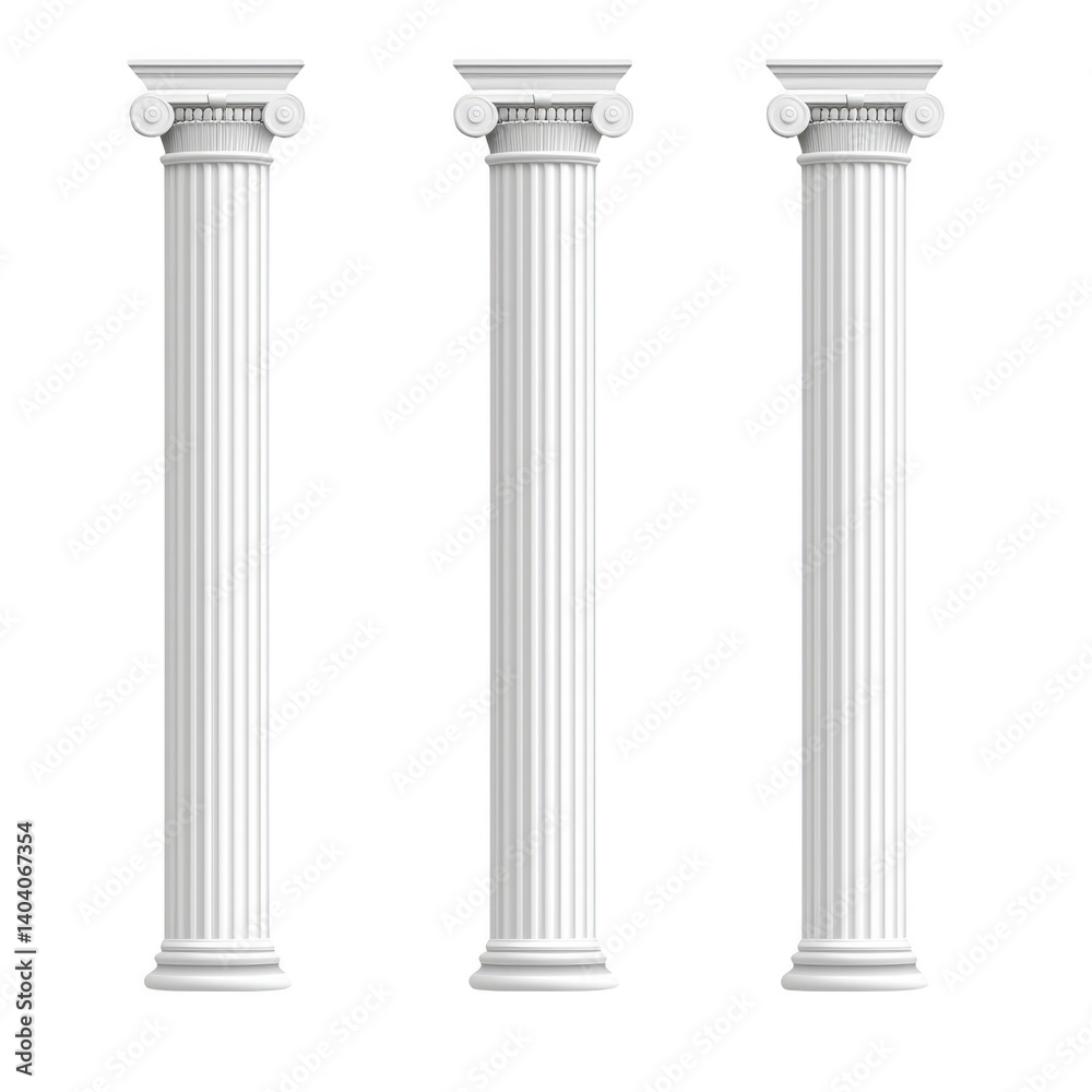 Three classical white columns with intricate Ionic capitals stand tall, showcasing elegant architectural design. fluted shafts and detailed scrolls evoke sense of timeless beauty Three classical white columns with intricate Ionic capitals stand tall, showcasing elegant architectural design. fluted shafts and detailed scrolls evoke sense of timeless beauty