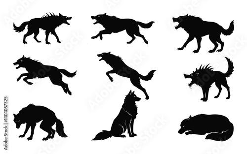 Aggressive and Wild Wolf Silhouette Vector Set Angry, Howling, Running, and Sleeping Wolves PNG SVG for Horror and Forest Themes.ai