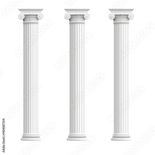 Three classical white columns with intricate Ionic capitals stand tall, showcasing elegant architectural design. fluted shafts and detailed scrolls evoke sense of timeless beauty