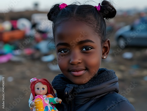 Girl with doll, cluttered area