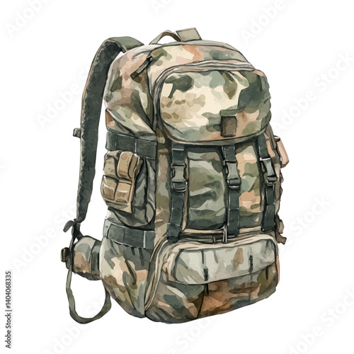 watercolor of Camouflage Backpack Filled With Gear, vector, isolated on a white background.