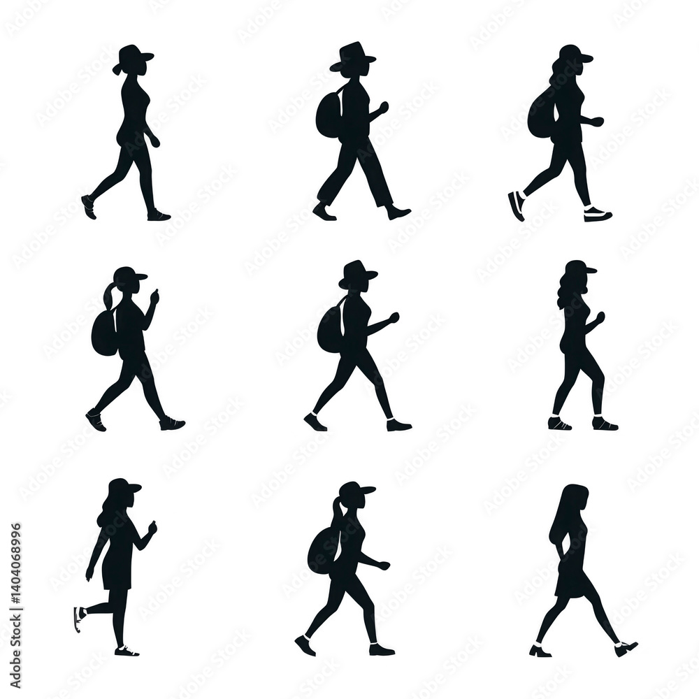 Silhouettes of people walking in various poses, each carrying backpack, are depicted in grid layout. figures are shown in profile, highlighting different walking styles Silhouettes of people walking in various poses, each carrying backpack, are depicted in grid layout. figures are shown in profile, highlighting different walking styles