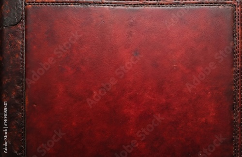 Close-up vintage leather texture in red. Brown stitches detail around border. Grunge rough surface. Retro design concept. Leather book cover or notebook background for text.