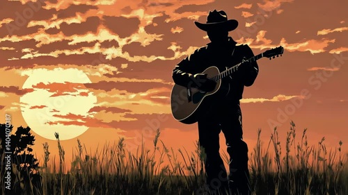 Silhouette of Cowboy Couple at Sunset in Nature with Child Running in Summer Grass