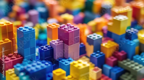 Colorful plastic blocks forming a city skyline.