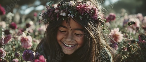Girl with Flower Crown in Field.