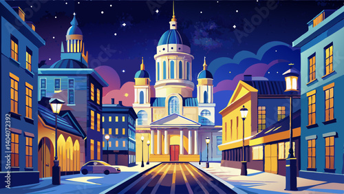 Helsinki, Finland. View Of Kanavaranta Street With Uspenski Cathedral In Evening Night Illuminations. Night stars shining above street