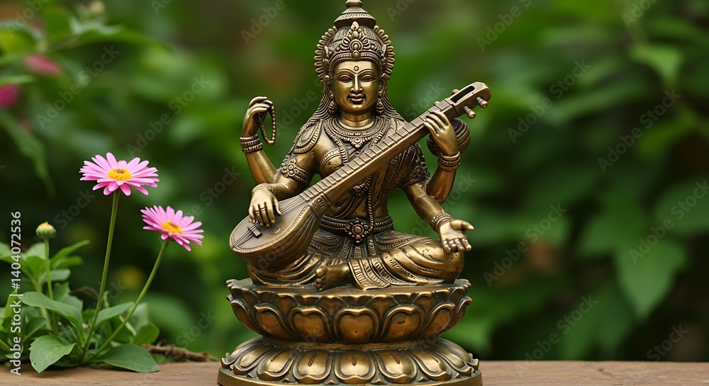 Fototapeta premium Bronze Saraswati statue with veena and vibrant pink daisies composition