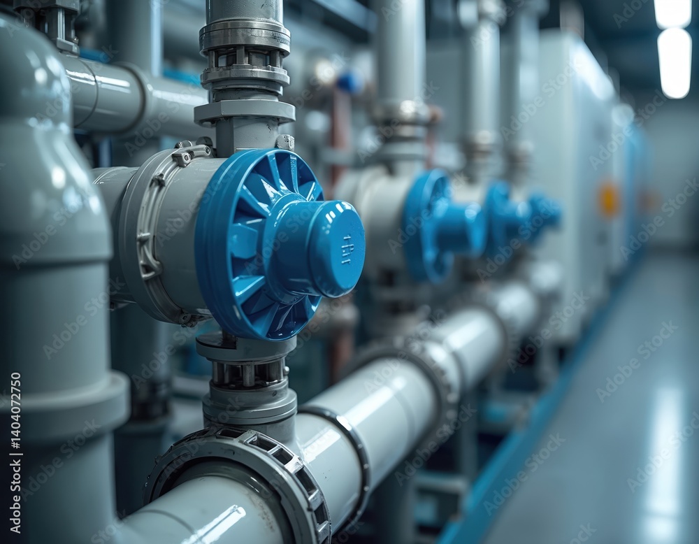 Close-up shot industrial osmotic plant with pipes valves. Fine water purification in progress. Blue, white color scheme tech, modern facility. Water treatment system, beverage production, clean