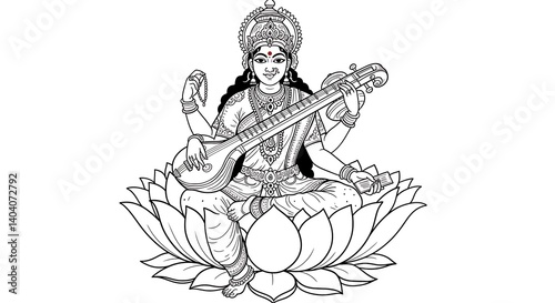 Wallpaper Mural Serene Goddess Saraswati Line Art Illustration on Lotus Flower Iconography Torontodigital.ca