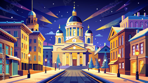 Helsinki, Finland. View Of Kanavaranta Street With Uspenski Cathedral In Evening Night Illuminations. Night stars shining above street