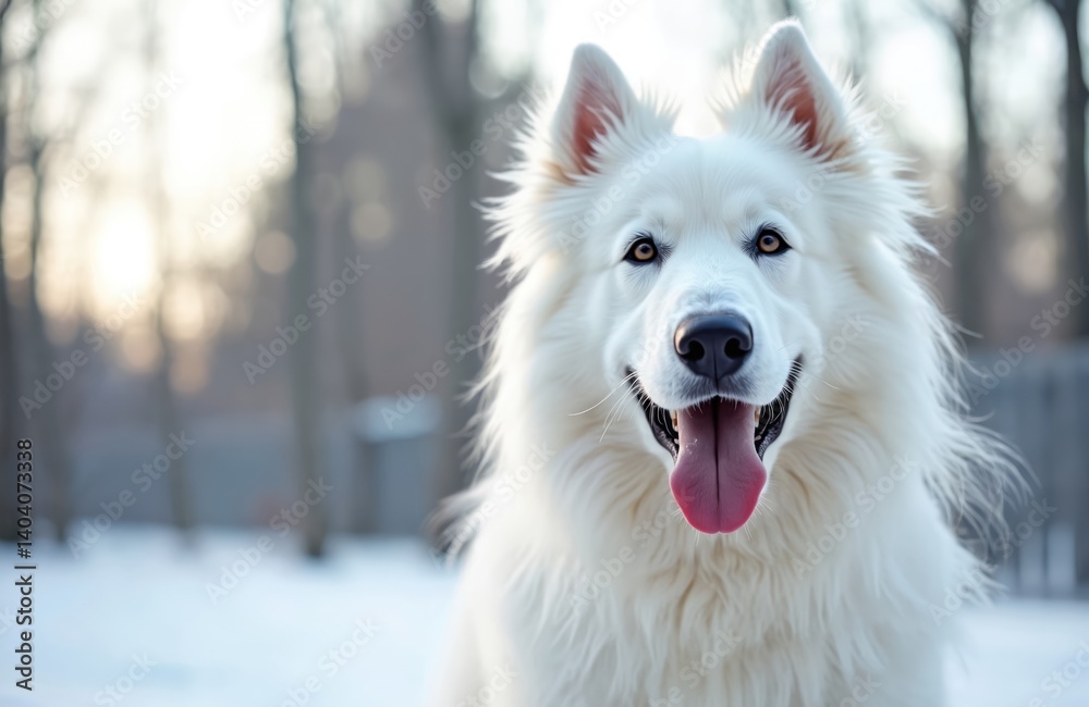 Portrait white Scottish sheepdog in winter park. Dog breathes with tongue out. Fluffy, adorable pet enjoys cold season. Winter landscape background, happy face. Doggy smiles, looking camera. Portrait white Scottish sheepdog in winter park. Dog breathes with tongue out. Fluffy, adorable pet enjoys cold season. Winter landscape background, happy face. Doggy smiles, looking camera.