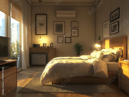 Sunlit bedroom with a cozy bed, modern decor, and city view. A relaxing space for restful sleep and peaceful mornings.