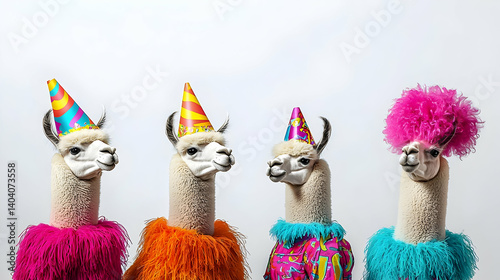 Four Llamas Dressed In Festive Colorful Outfits With Party Hats