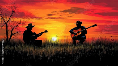 Cowboy Silhouette Playing Guitar at Sunset with Woman and Child in Western Landscape