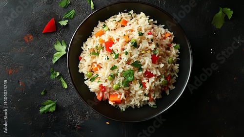Delicious vegetable rice dish in black bowl tasty food photography red top meal peas herb view diet
