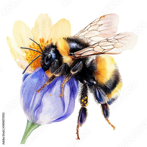 Bumblebee Collecting Pollen, watercolor vector, isolated on a white background.