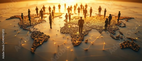 Silhouettes of people standing on a 3D world map with glowing lines connecting them, representing global connection and community.
