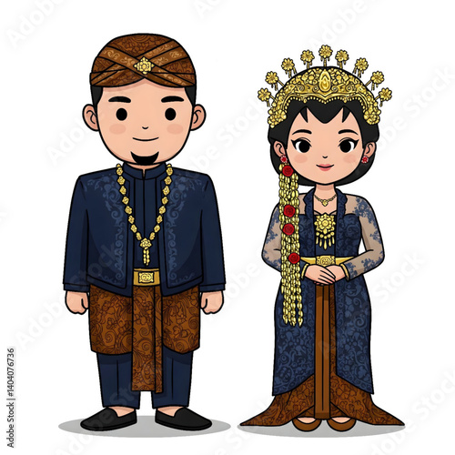 Indonesian wedding couple in ceremonial attire, cartoon vector with clean white backdrop