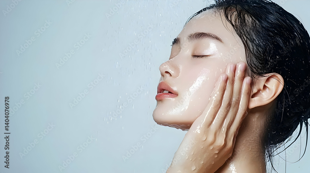 Naklejka premium Serene Young Woman Experiencing Refreshing Water Shower with Wet Hair on Pale Blue Background