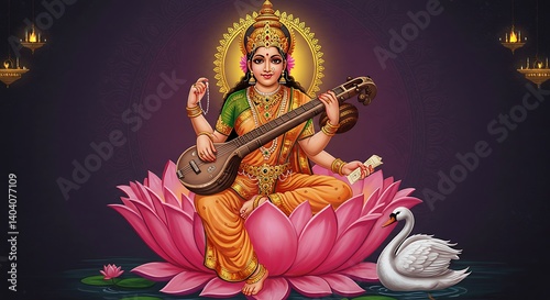 Saraswati, goddess of knowledge, music, arts, wisdom and learning illustration photo