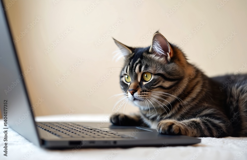 Striped cat watches laptop screen attentively. Yellow eyes, fluffy fur, indoor home office concept. Funny pet works online, cyberspace. Cute, adorable, playful, curious animal in room. Striped cat watches laptop screen attentively. Yellow eyes, fluffy fur, indoor home office concept. Funny pet works online, cyberspace. Cute, adorable, playful, curious animal in room.