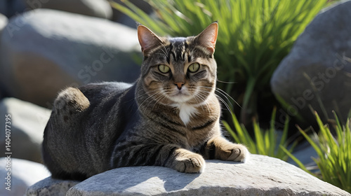 Cat on rock, gazes sadly at camera
