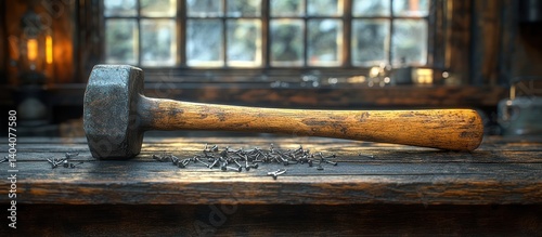 Old sledgehammer and nails on a workbench in a workshop.