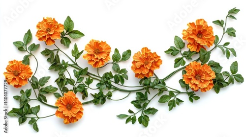 orange marigold flowers with green ivy, perfect for creating personalized designs, isolated on white background