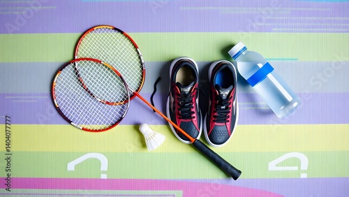 An artistic flat lay of a badminton racket, shuttlecock, sports shoes, and a water bottle, arranged neatly on a vibrant gym mat