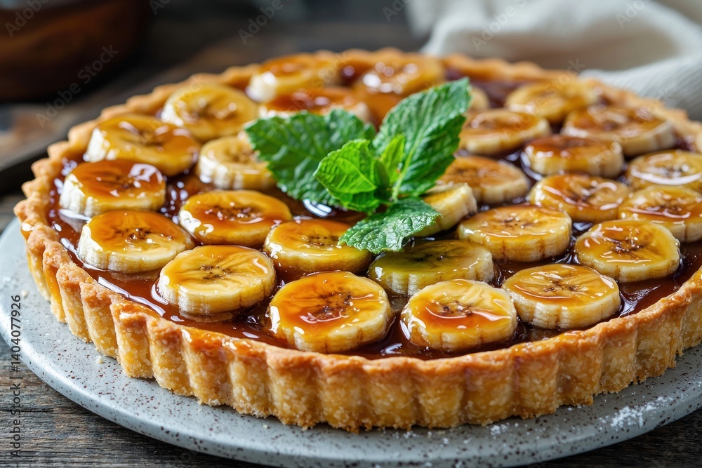 A gourmet caramelized banana tarte fine with a delicate puff pastry base, topped with thinly sliced bananas and a drizzle of caramel sauce A gourmet caramelized banana tarte fine with a delicate puff pastry base, topped with thinly sliced bananas and a drizzle of caramel sauce