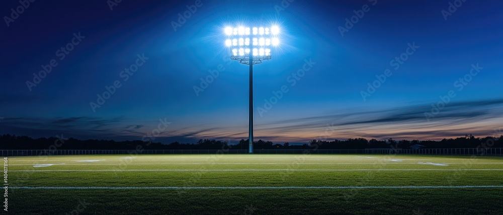 Obraz premium A single stadium light illuminates a green field with white lines under a twilight sky.