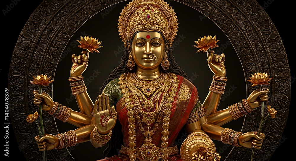 Fototapeta premium Golden Lakshmi statue adorned with jewelry, against ornate dark backdrop