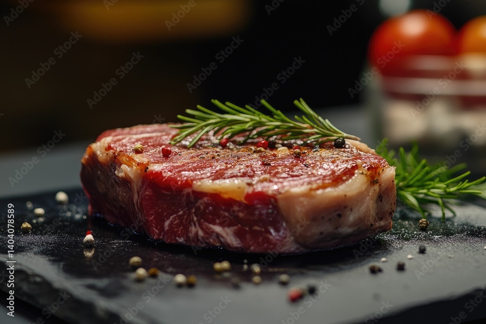 Preparing Fresh Raw Steak with Rosemary and Spices on Slate Plate Preparing Fresh Raw Steak with Rosemary and Spices on Slate Plate