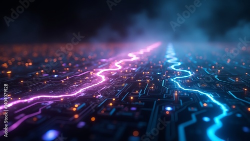 Abstract technology background with circuit board and glowing neon lines for digital future design