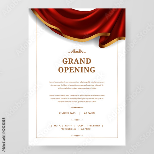 Grand Opening poster celebration with red fabric satin silk ribbon drapery element decoration for luxury elegant vip royal poster
