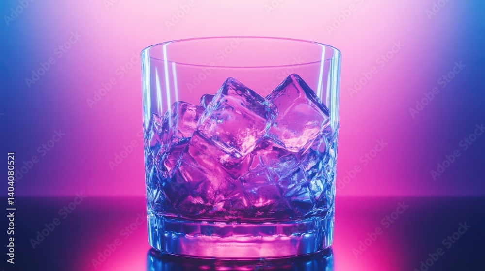 A close-up view of a glass filled with ice cubes, illuminated by vibrant pink and blue background lights A close-up view of a glass filled with ice cubes, illuminated by vibrant pink and blue background lights