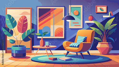 A modern minimalist living room featuring a cozy recliner and abstract art.