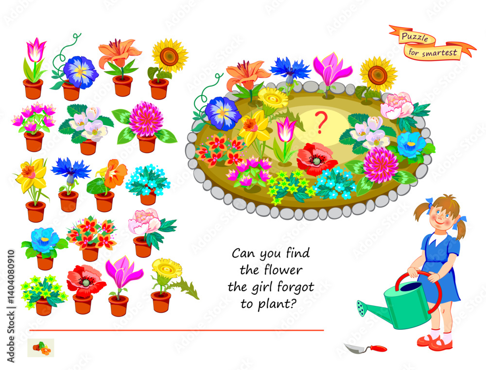 Naklejka premium Can you find the flower the girl forgot to plant? Logic puzzle for smartest. Educational game for children. Page for kids brain teaser book. Task for attentiveness. Play online. Flat vector image.