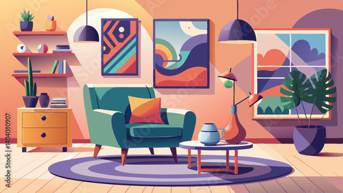 A modern minimalist living room featuring a cozy recliner and abstract art.