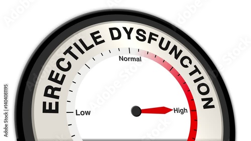 Erectile Dysfunction text or word shown with a barometer or tachometer-style gauge, representing varying levels of sexual health and the severity of erectile difficulties