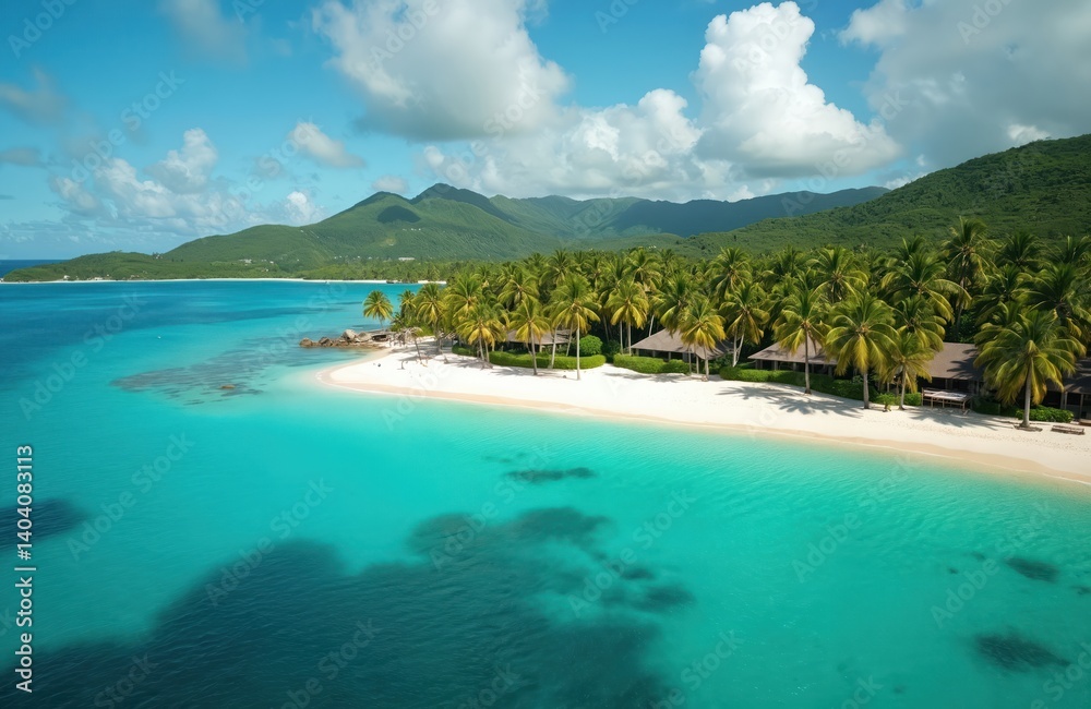Fototapeta premium Caribbean tropical island coast with turquoise ocean water, white sand beach, palm trees. Calm lagoon, vacation, travel destination at sunny day. Relaxing summer holiday in paradise.
