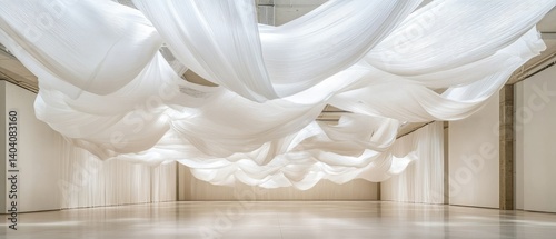 White fabric drapes hang from the ceiling in a large, empty room, creating a sense of weightlessness and tranquility.