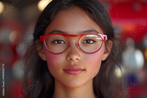 Girl with red glasses, indoor portrait