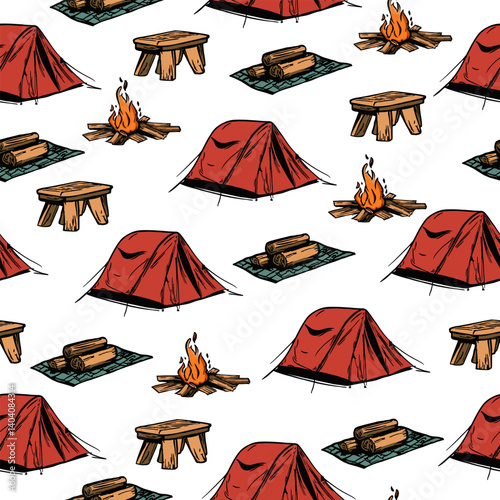 Camping Adventure Patterns – Seamless Outdoor Designs with Tents, Campfires, Hiking Gear, Wildlife, and Nature Elements