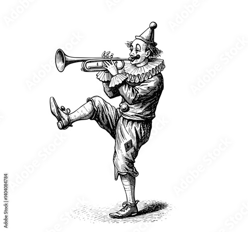 Vintage engraving of a clown playing a trumpet, wearing oversized shoes  
