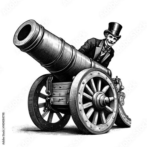 Engraved vintage illustration of a large wheeled cannon in a circus act  