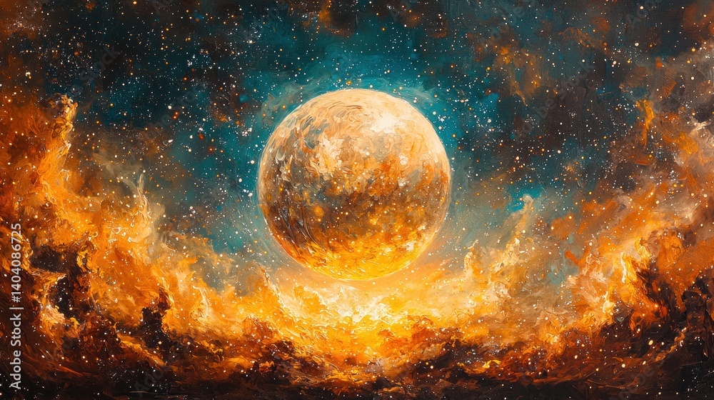 Obraz premium Cosmic Landscape with Celestial Body and Dramatic Cloud Formation